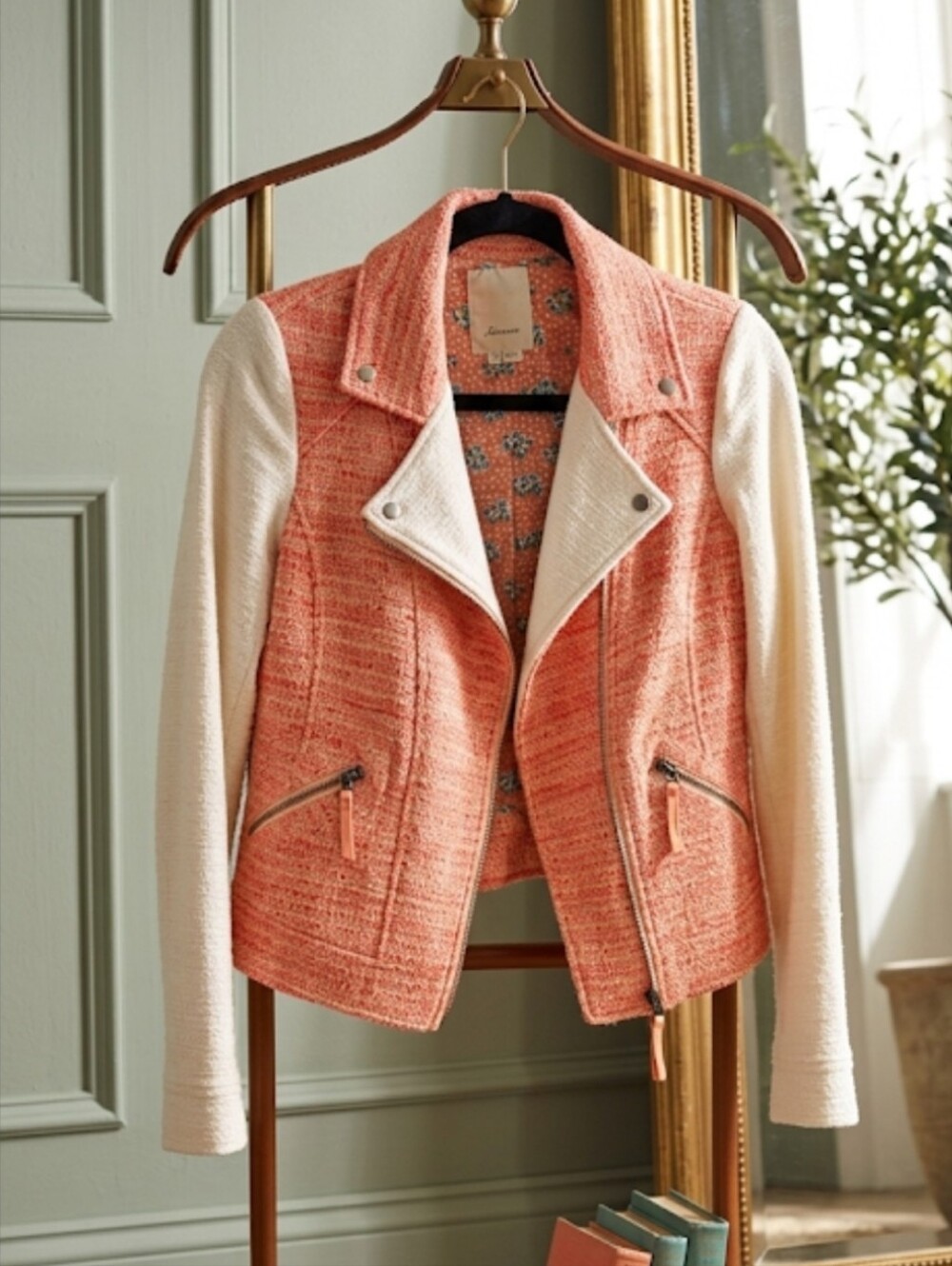Anthropologie Peach Tweed Moto Jacket with Cream Sleeves